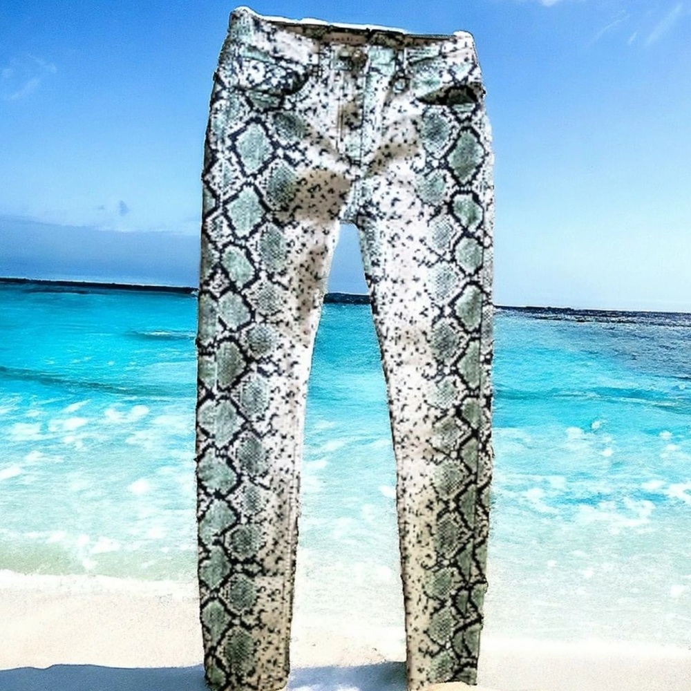 Sandro Paris Snake Print Green Skinny Pant City Girl Casual Stretchy Jeans 40